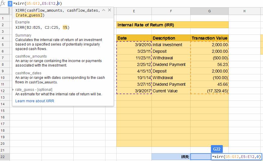 Figure 2. Explanation of XIRR in Google Sheets