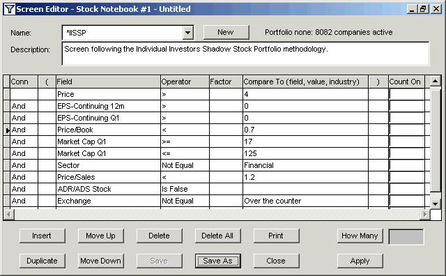 Figure 1. Stock Investor Pro's Screening Criteria for the Individual Investor's Shadow Stock Portfolio