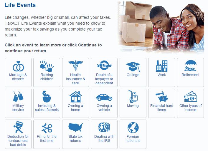 Figure 2. TaxAct Life Events Section