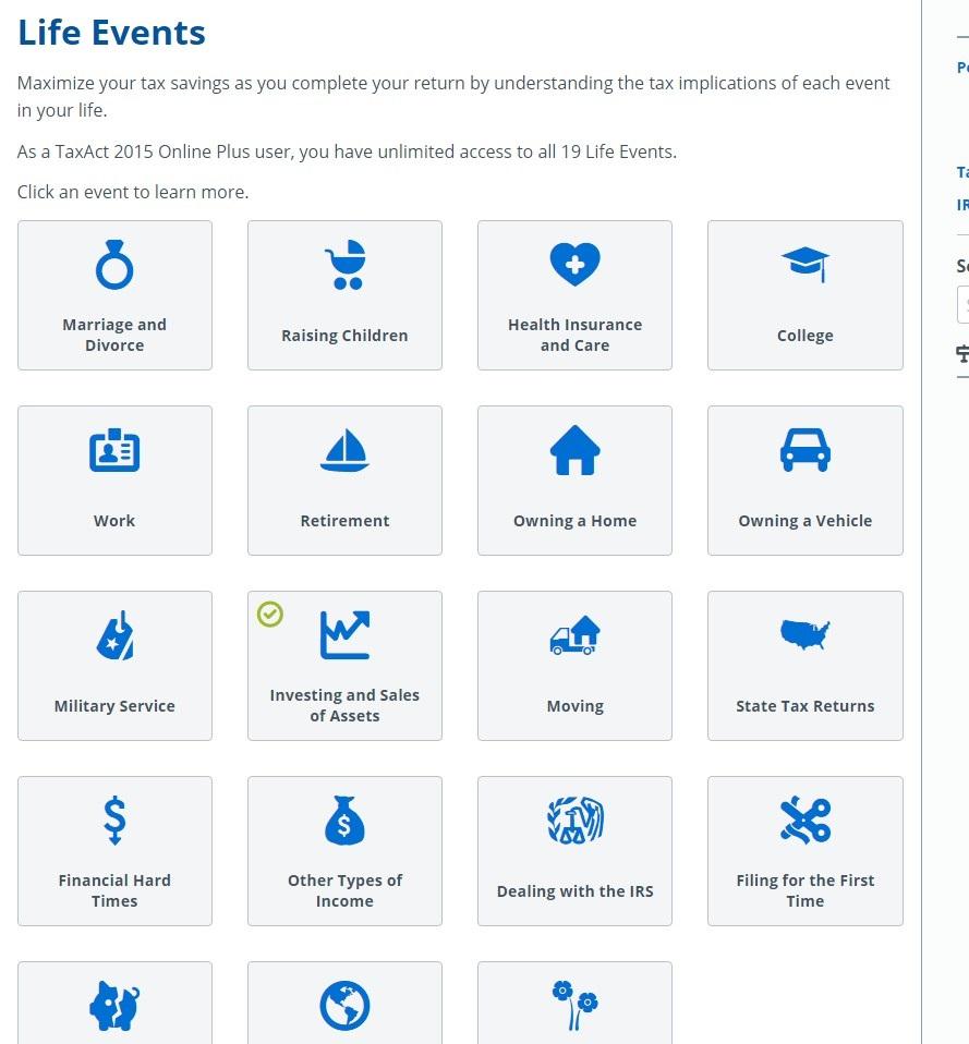 Figure 4. TaxAct Life Events Section