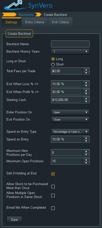 Figure 5. Setting up a Backtest