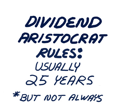 dividend aristrocrat rules: usually 25 years *but not always