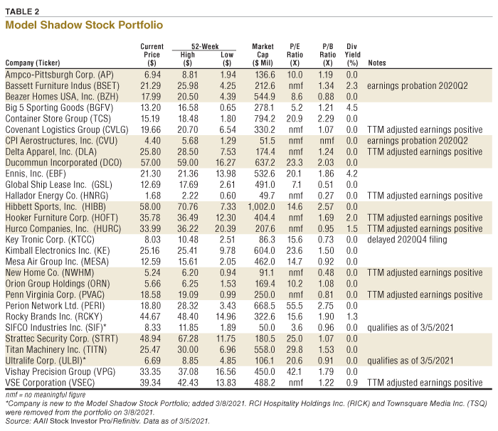 Table 2 Model Shadow Stock Portfolio
