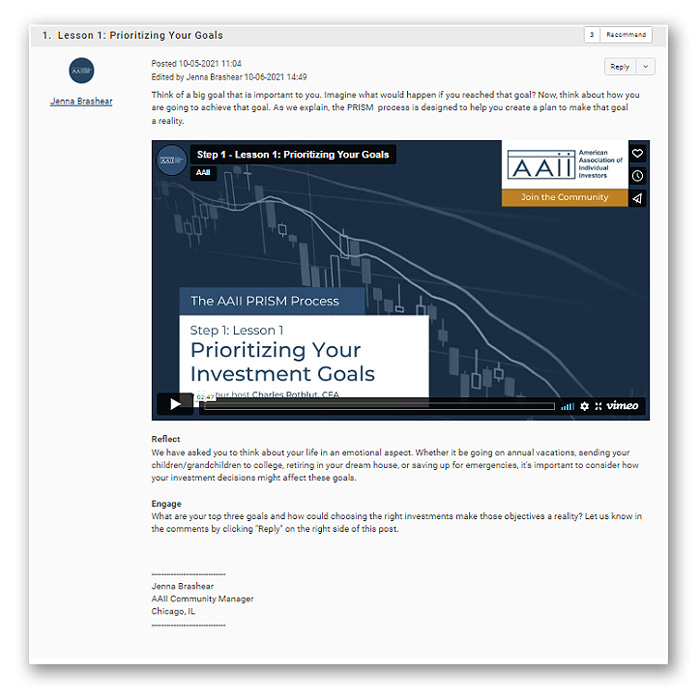 screenshot of Lesson 1: prioritizing your goals post in PRISM academy