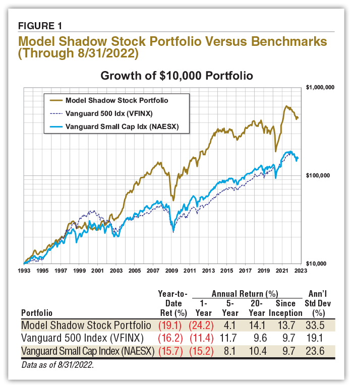 FIGURE 1 Model Shadow Stock Portfolio Versus Benchmarks (Through 8/31/2022)