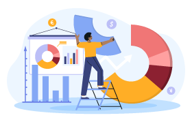 Illustration of a character adjusting his asset allocation on a pie chart