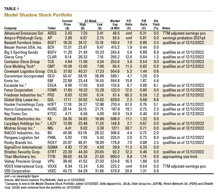 TABLE 1 Model Shadow Stock Portfolio