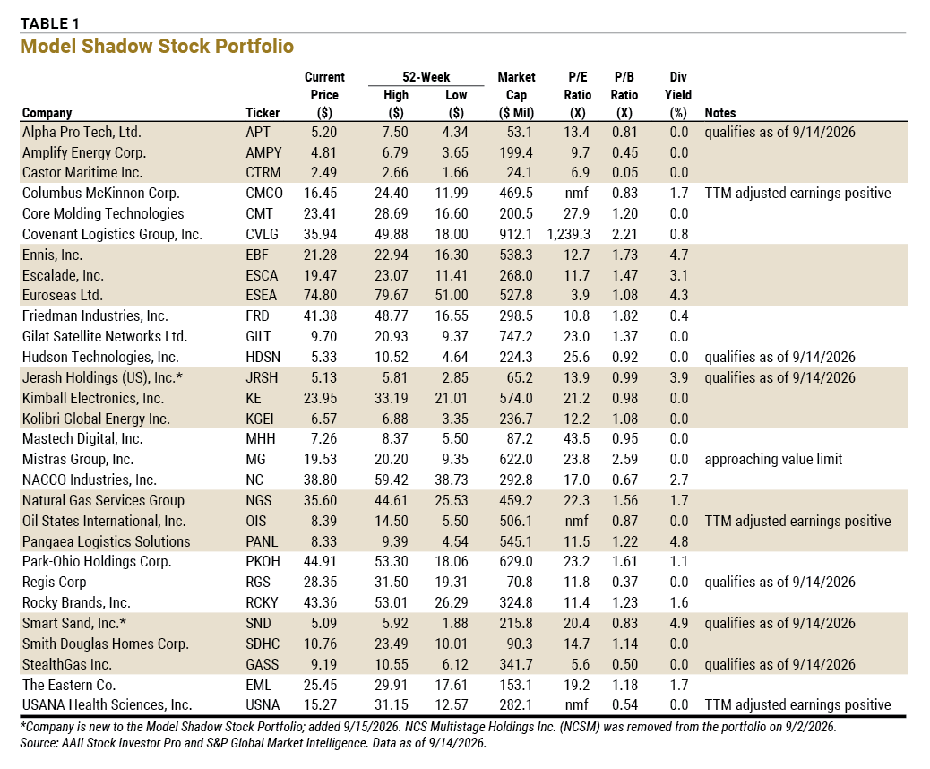 TABLE 1 Model Shadow Stock Portfolio